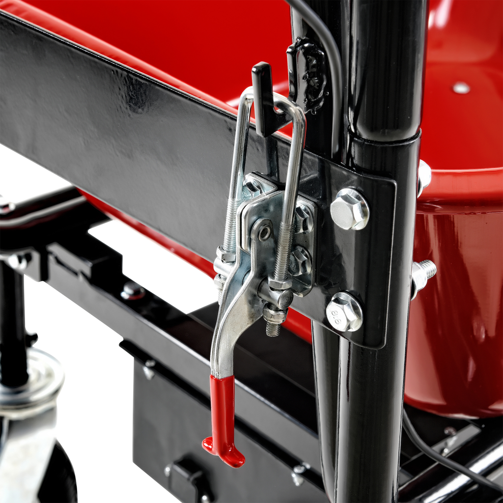 Redhandled latch on a black frame with a red cart bucket