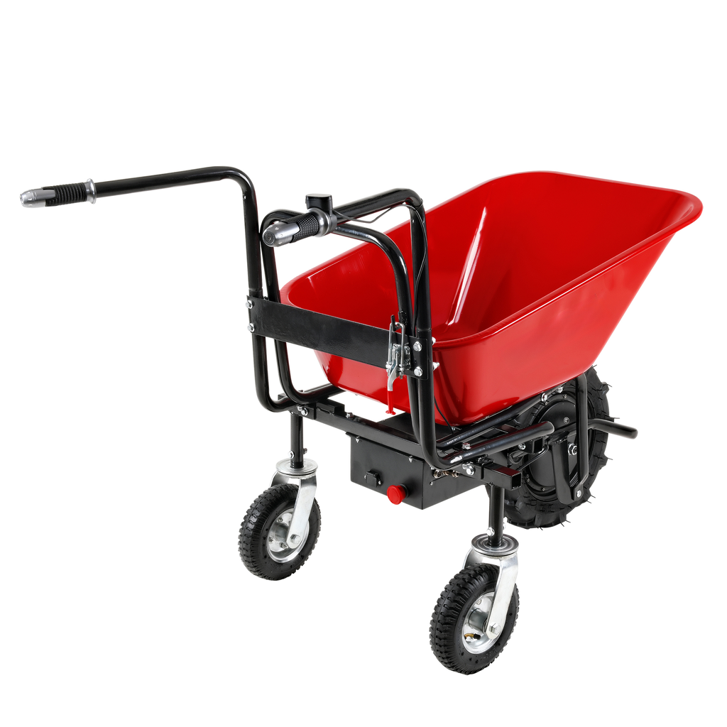 Red electric wheelbarrow with four sturdy wheels and ergonomic handles for easy garden hauling