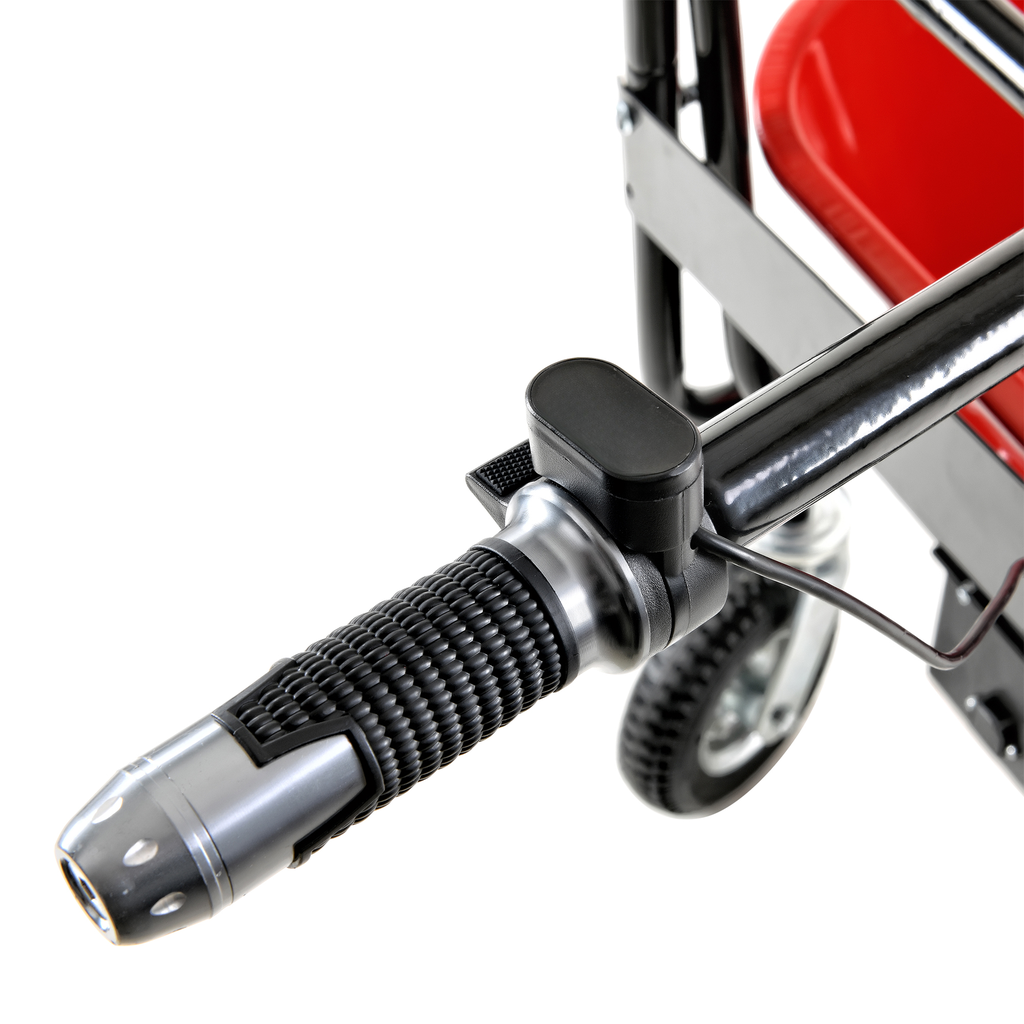 Closeup of a textured black handlebar grip with silver accents on an electric scooter