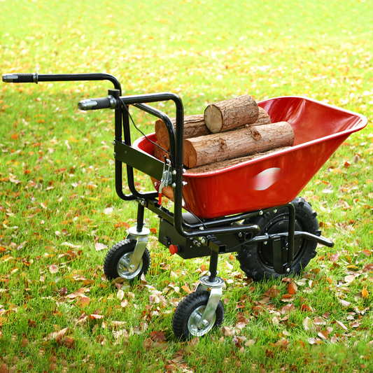 Red electric wheelbarrow loaded with firewood on grassy lawn