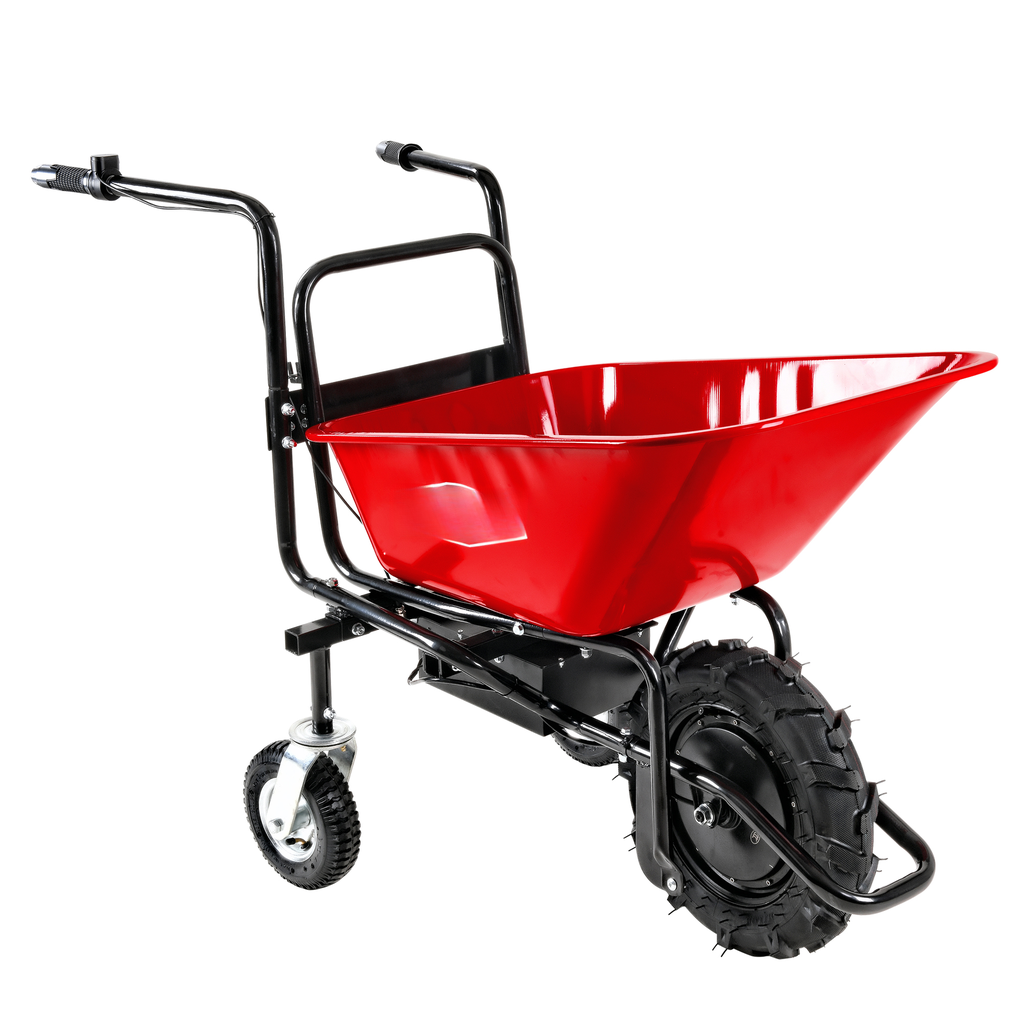 Red electric wheelbarrow with large tire for yard work and garden projects