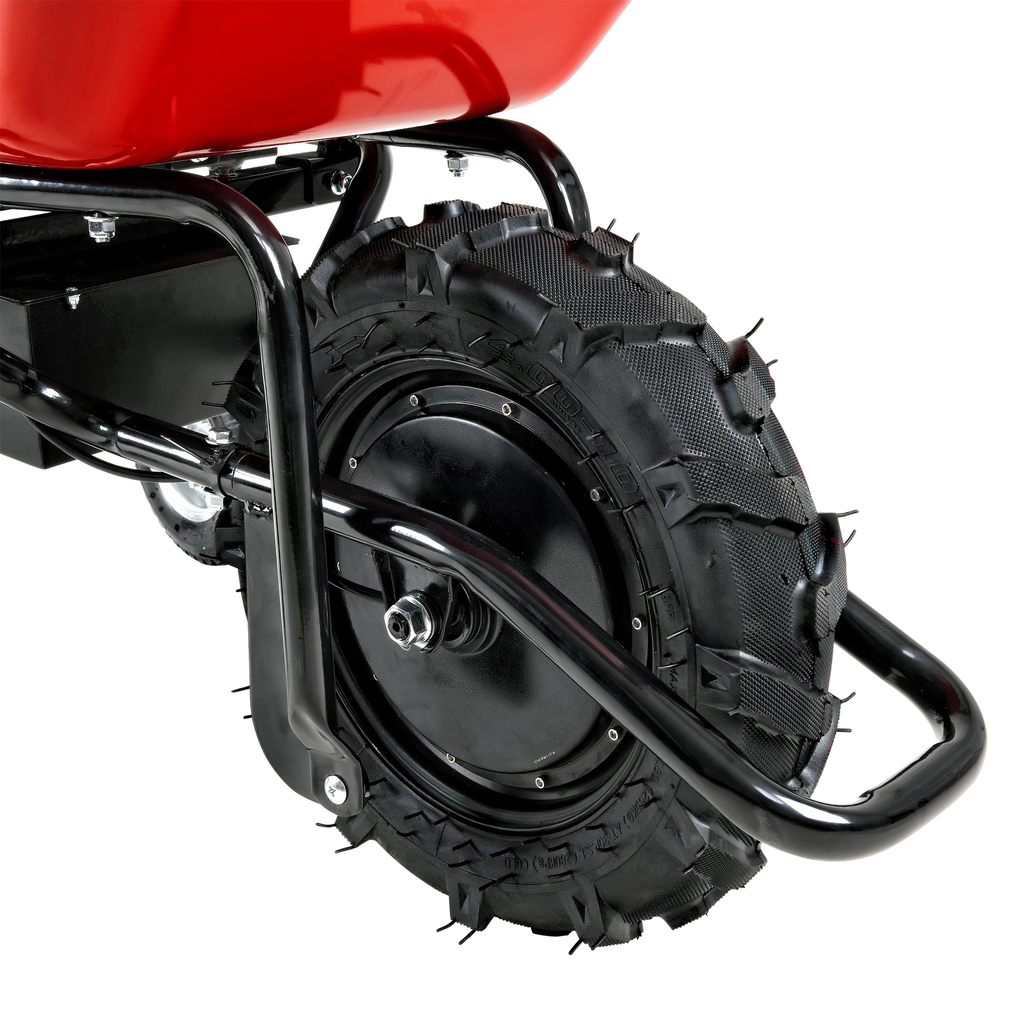 Red motorized wheelbarrow with rugged tire and black frame ideal for heavy garden hauling