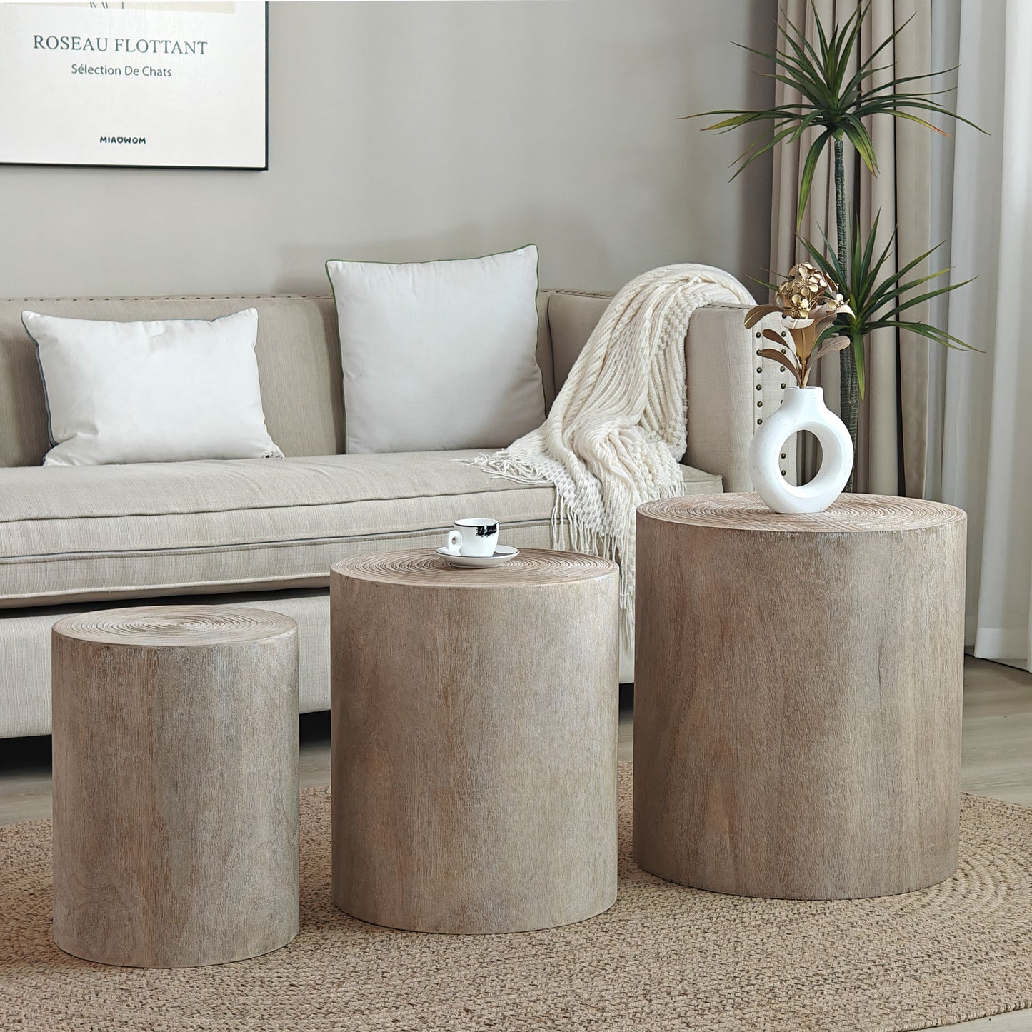 Set of  rustic wood slice accent tables with natural grain texture