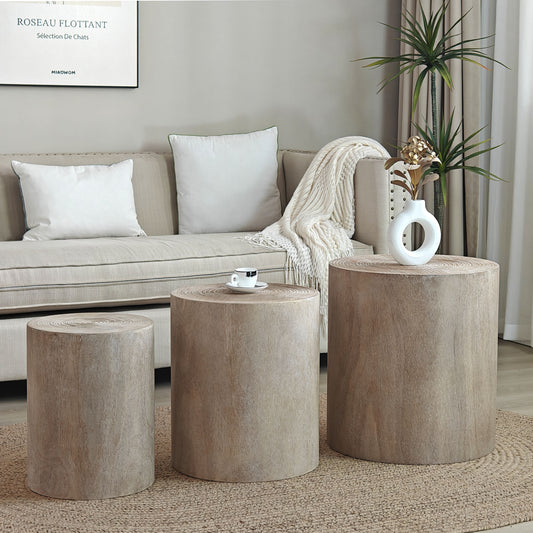 Set of  rustic wood slice accent tables with natural grain texture