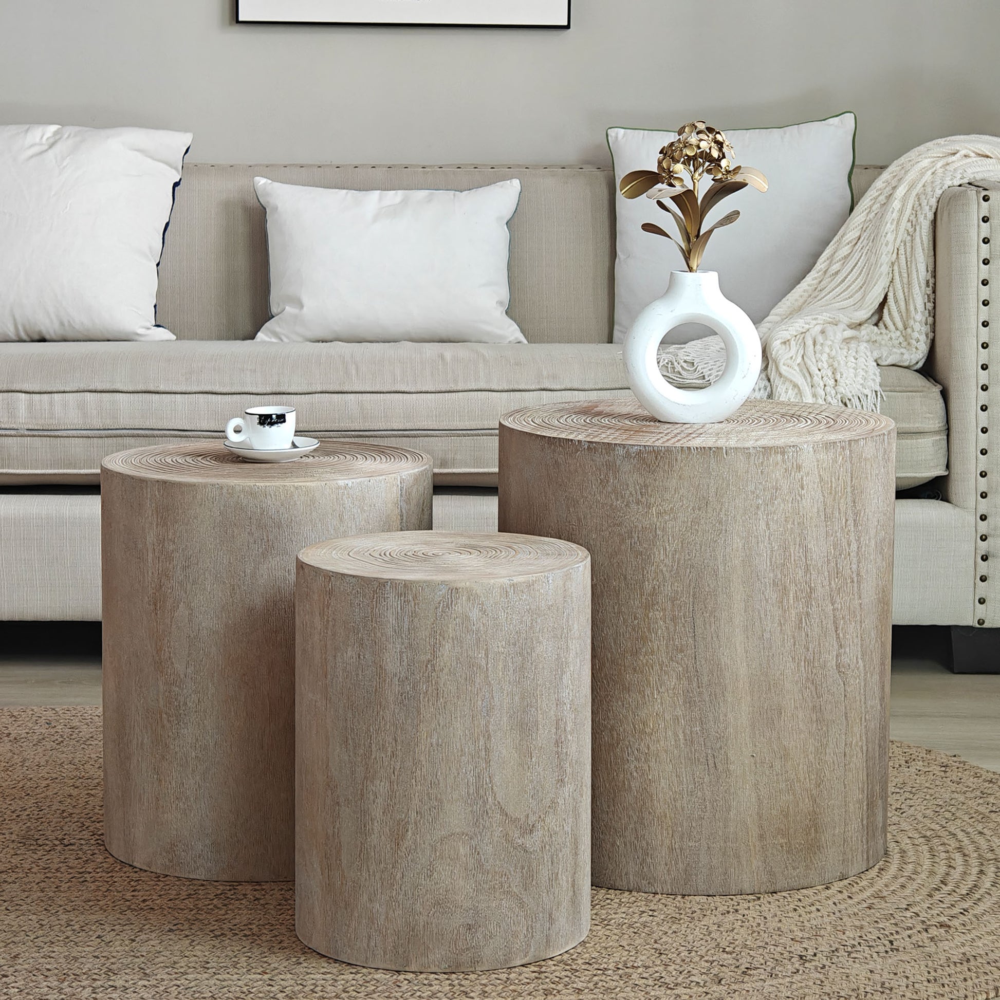 Rustic wood log side table with natural grain detail adds organic texture to living room decor