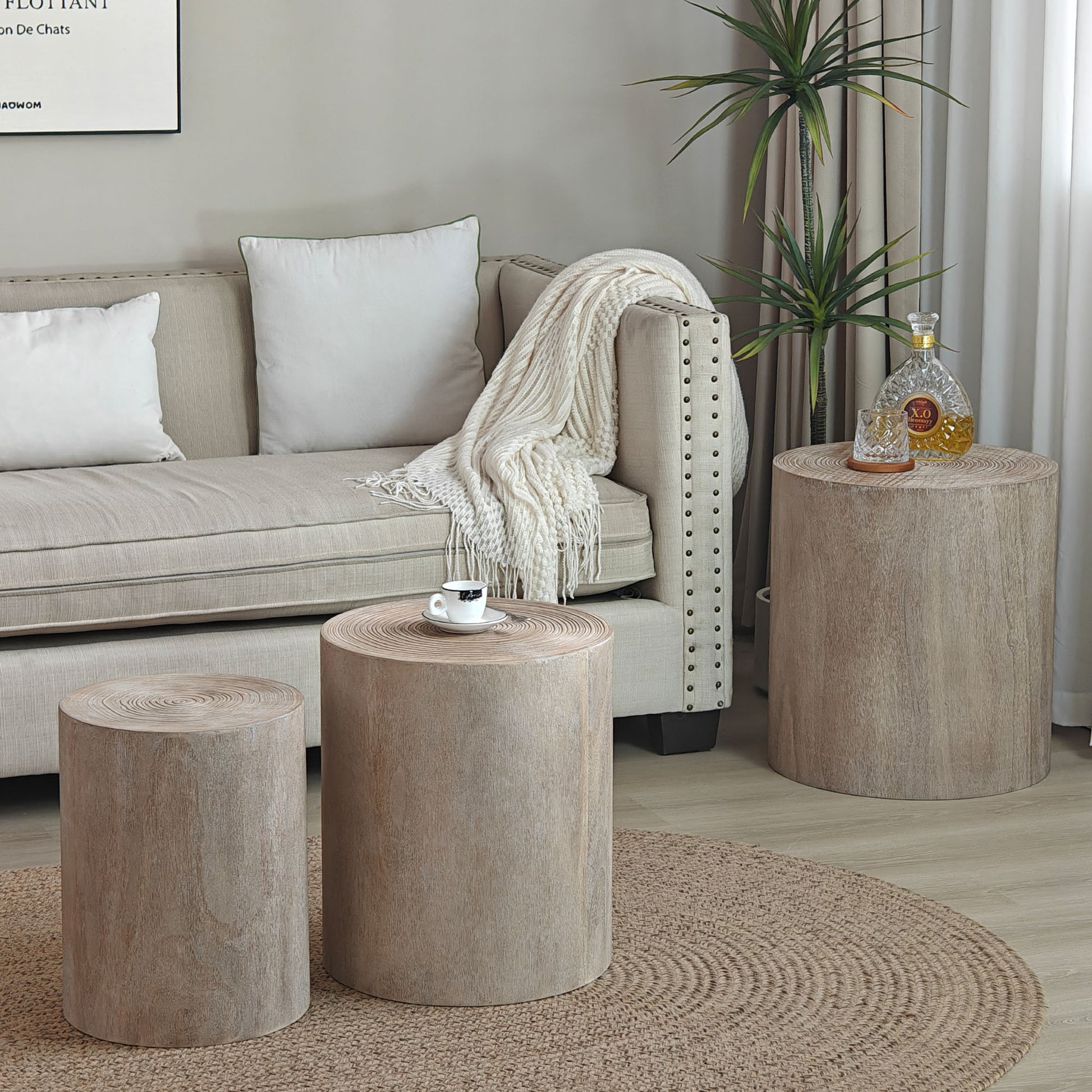 Round wood accent table with natural grain perfect for living rooms