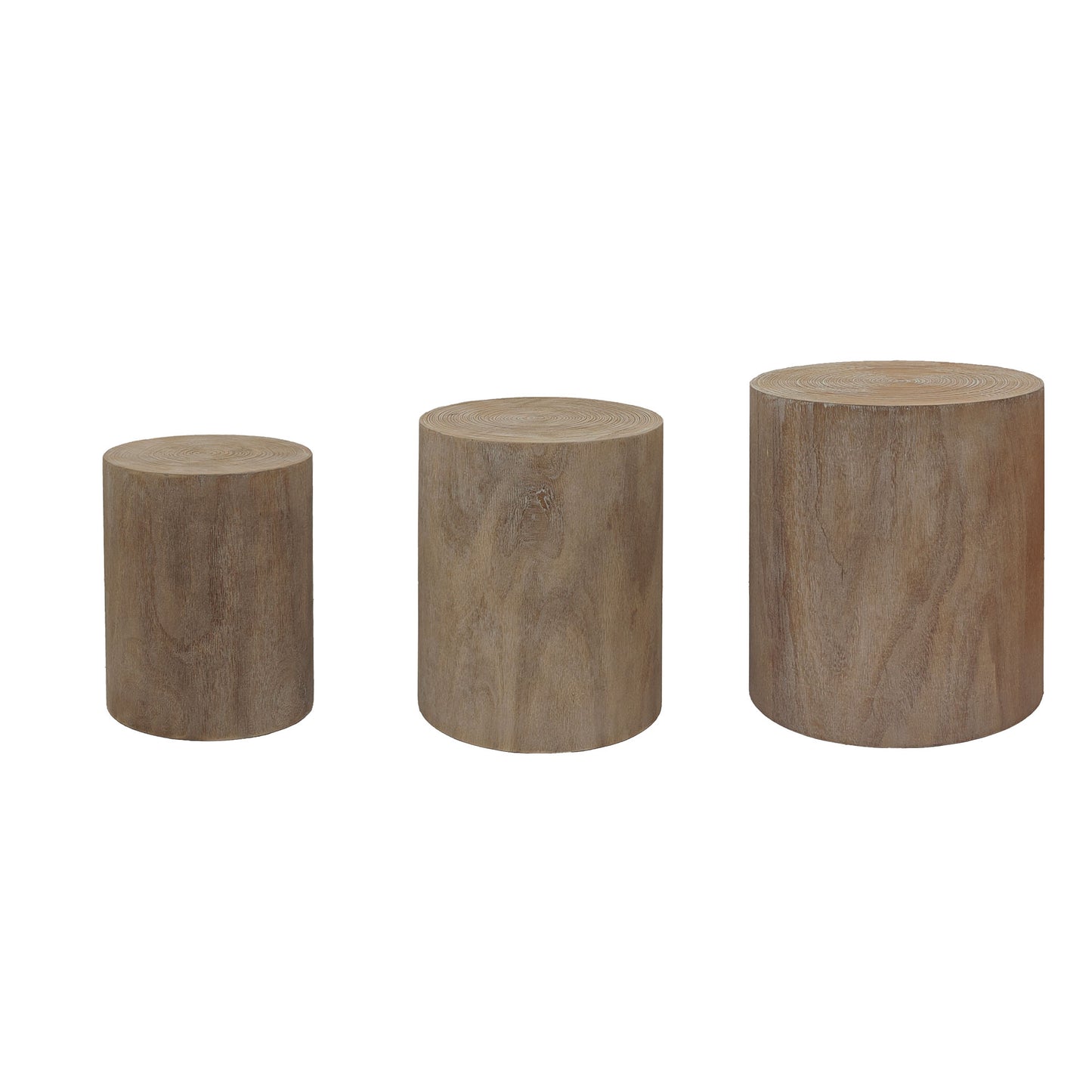 Set of three natural wood log side tables with wood grain texture