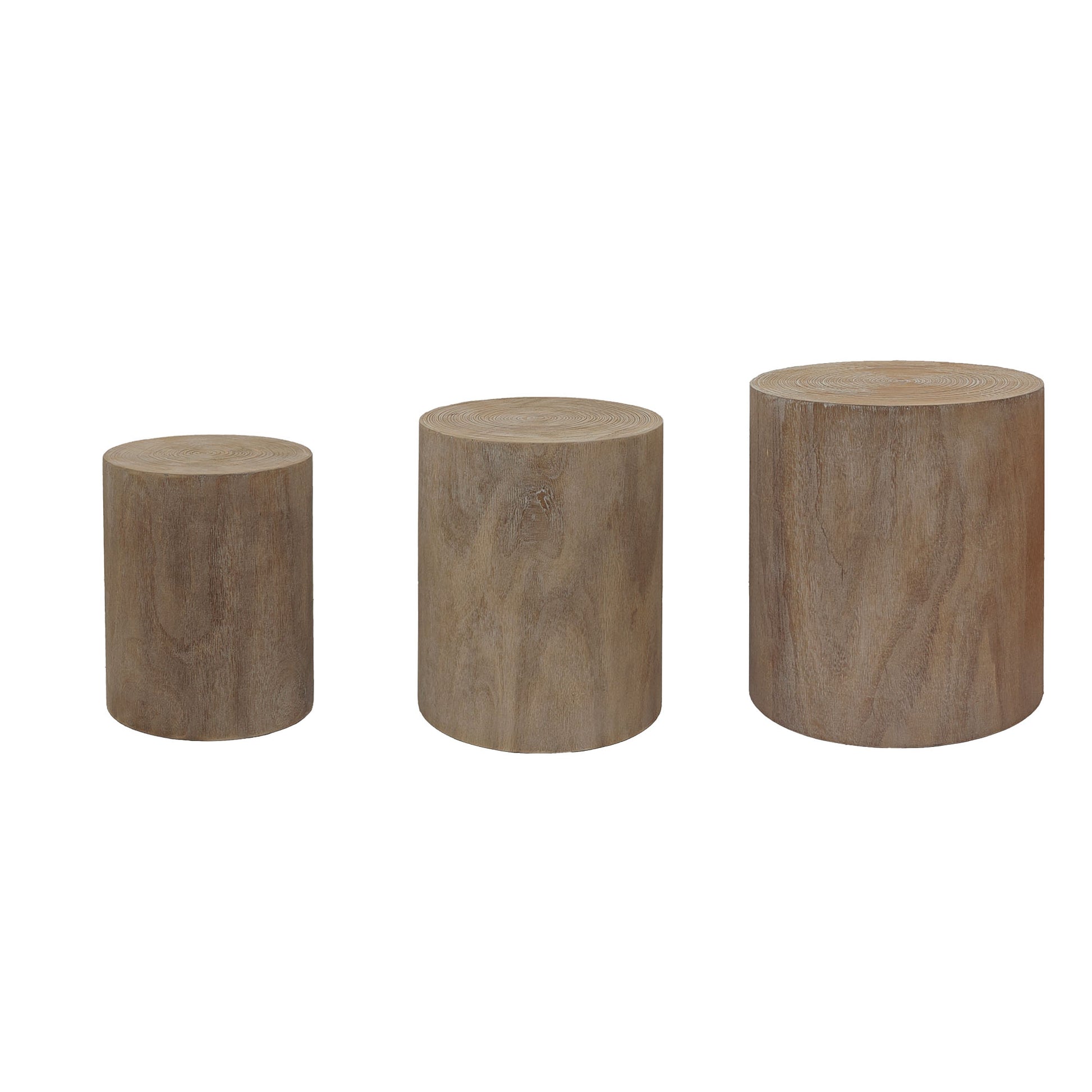 Set of three natural wood log side tables with wood grain texture