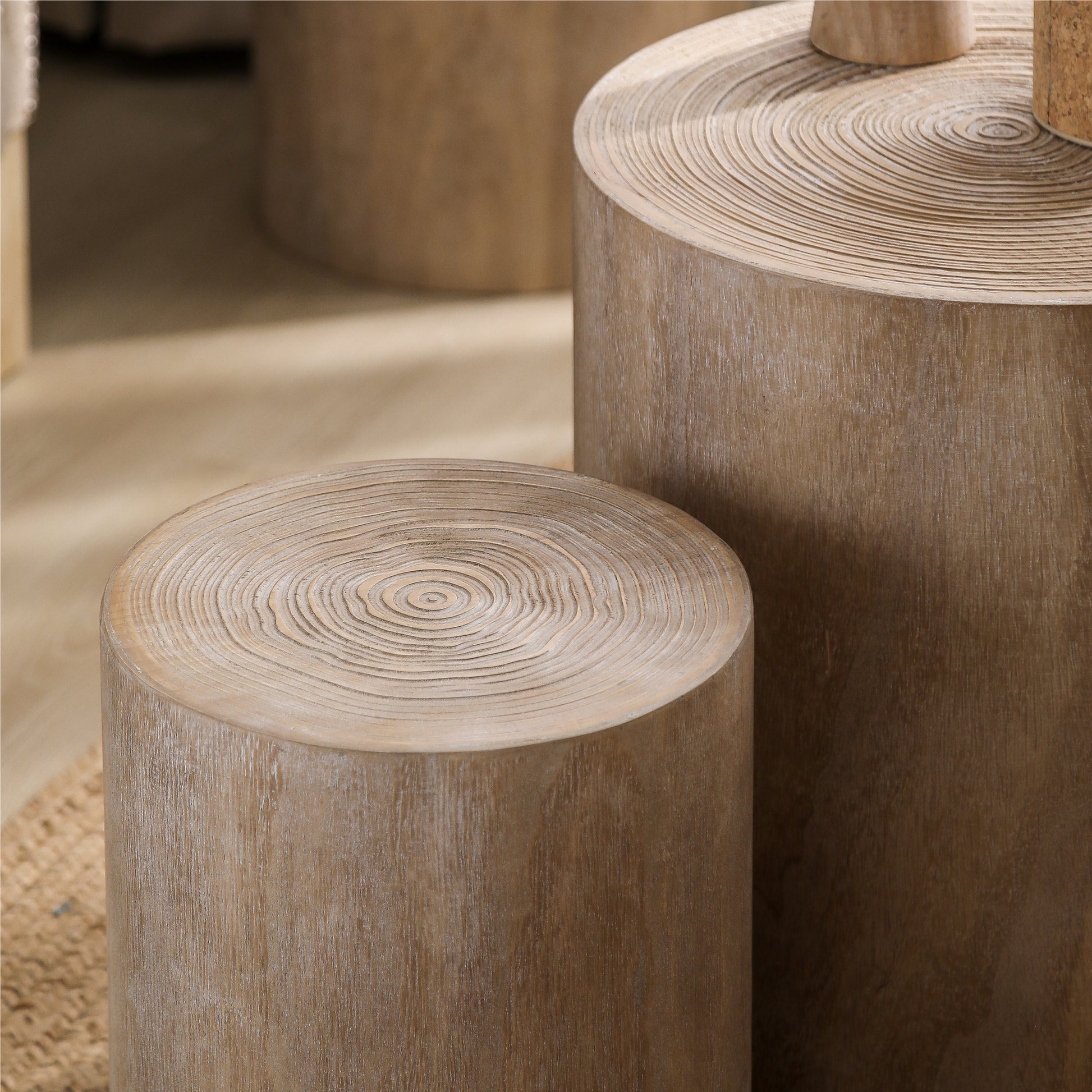 Textured faux wood stump side table with natural wood grain perfect for rustic decor