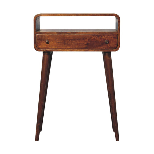 Midcentury modern wood nightstand with a single drawer and open top shelf