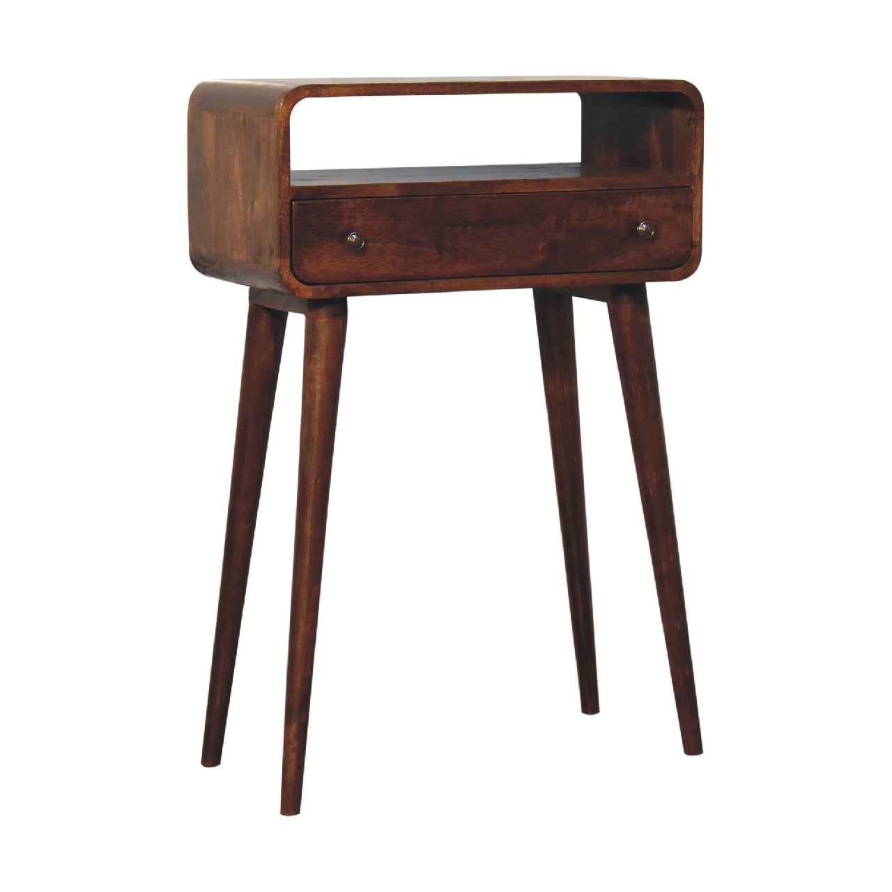 Midcentury modern walnut bedside table with open shelf and drawer