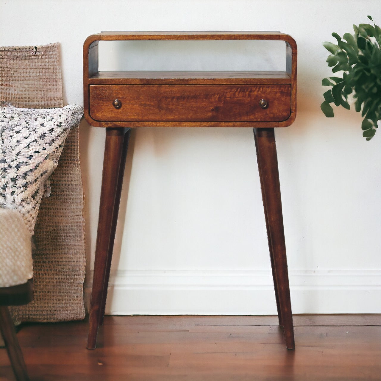 Midcentury modern accent table with one drawer and open shelf in rich walnut finish