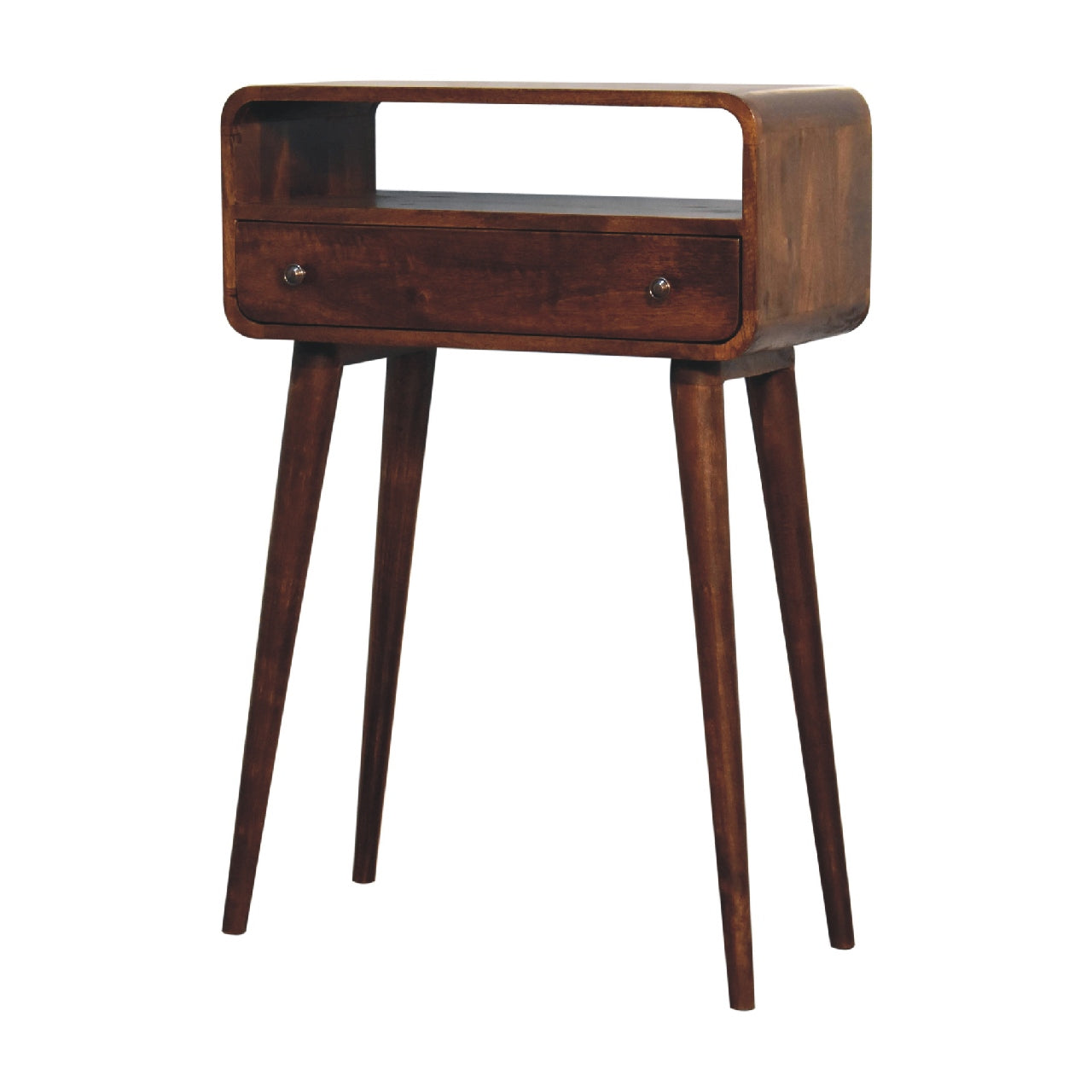 Dark wood bedside table with a single drawer and open shelf