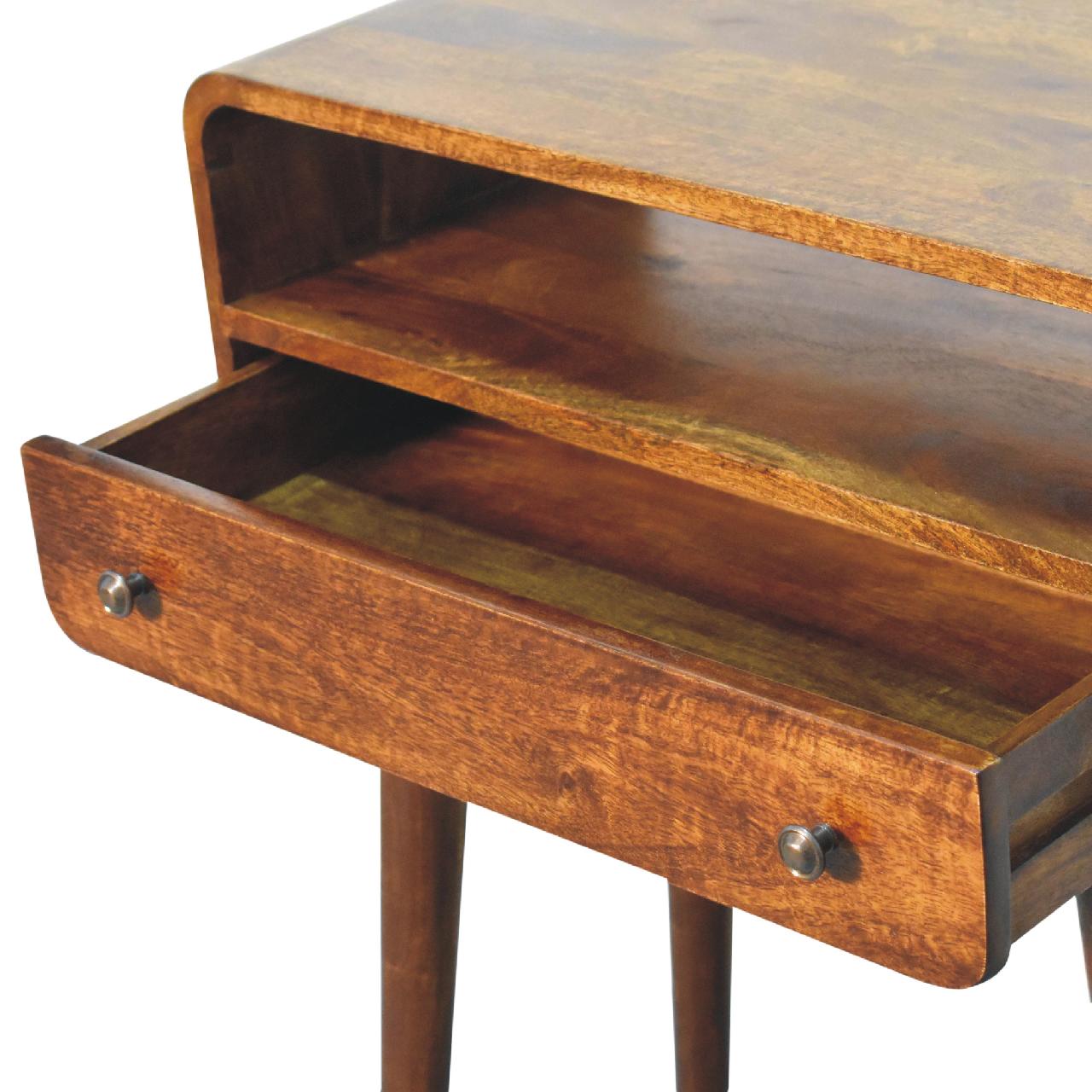Solid mango wood side table with open shelf and drawer