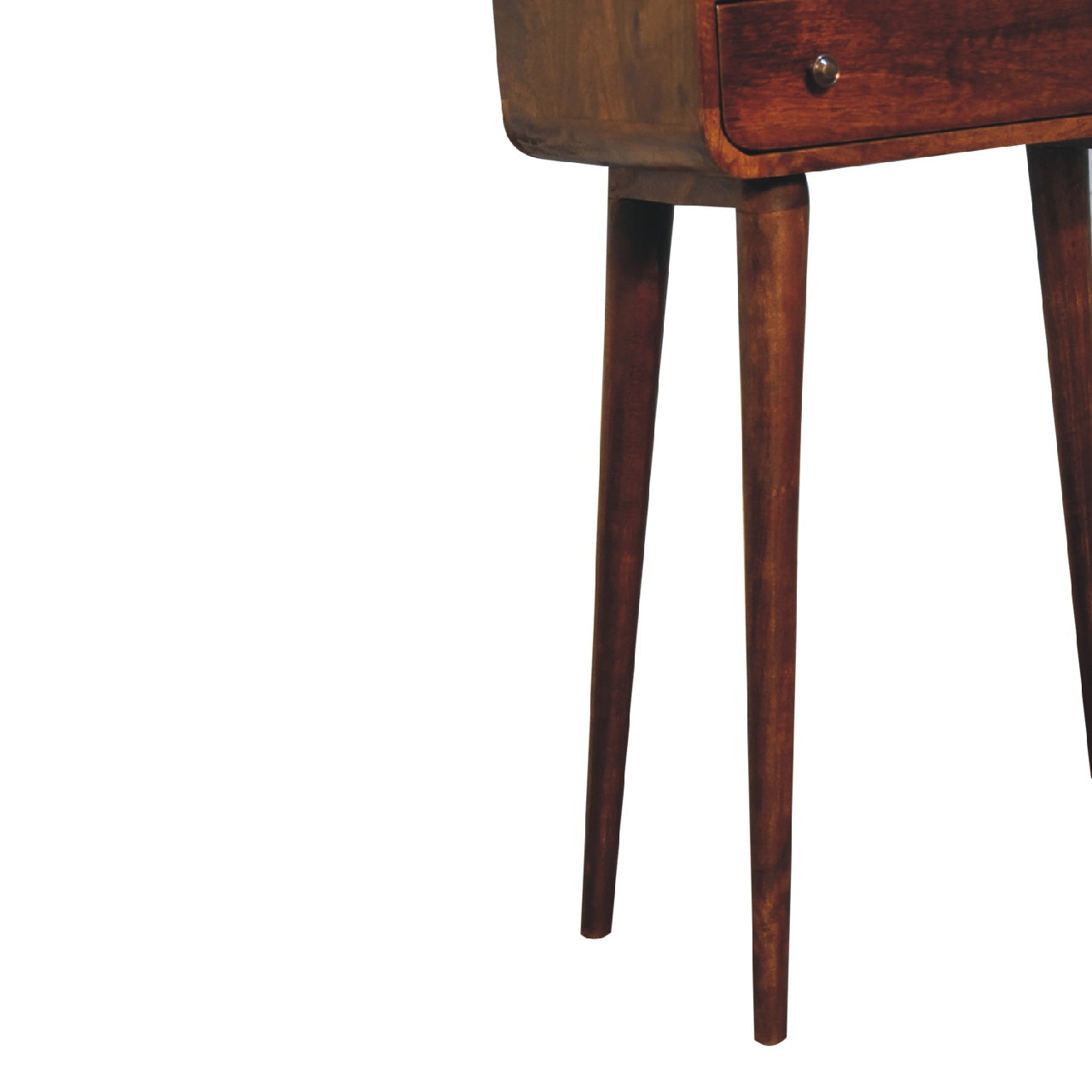 Midcentury modern nightstand with tapered wooden legs and a single drawer