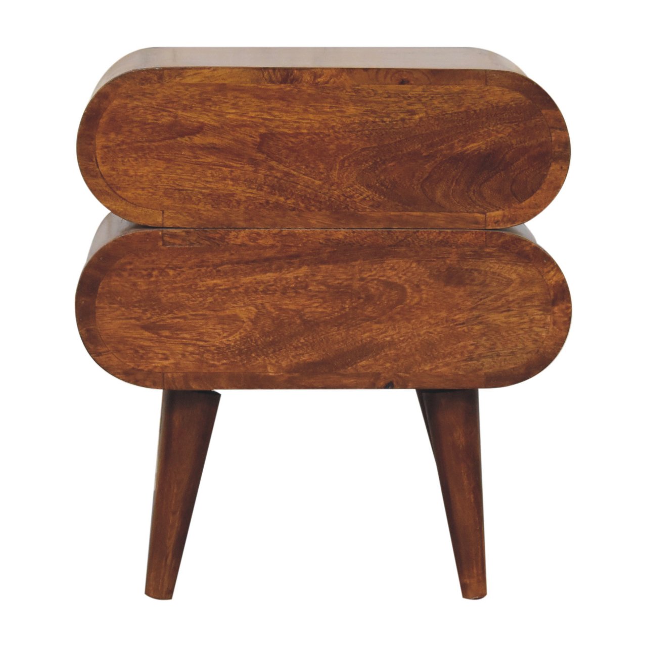 Rounded twodrawer wooden nightstand with tapered legs midcentury modern design