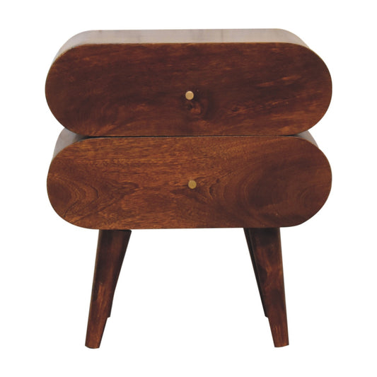 Rounded twodrawer wooden nightstand with tapered legs and brass knobs
