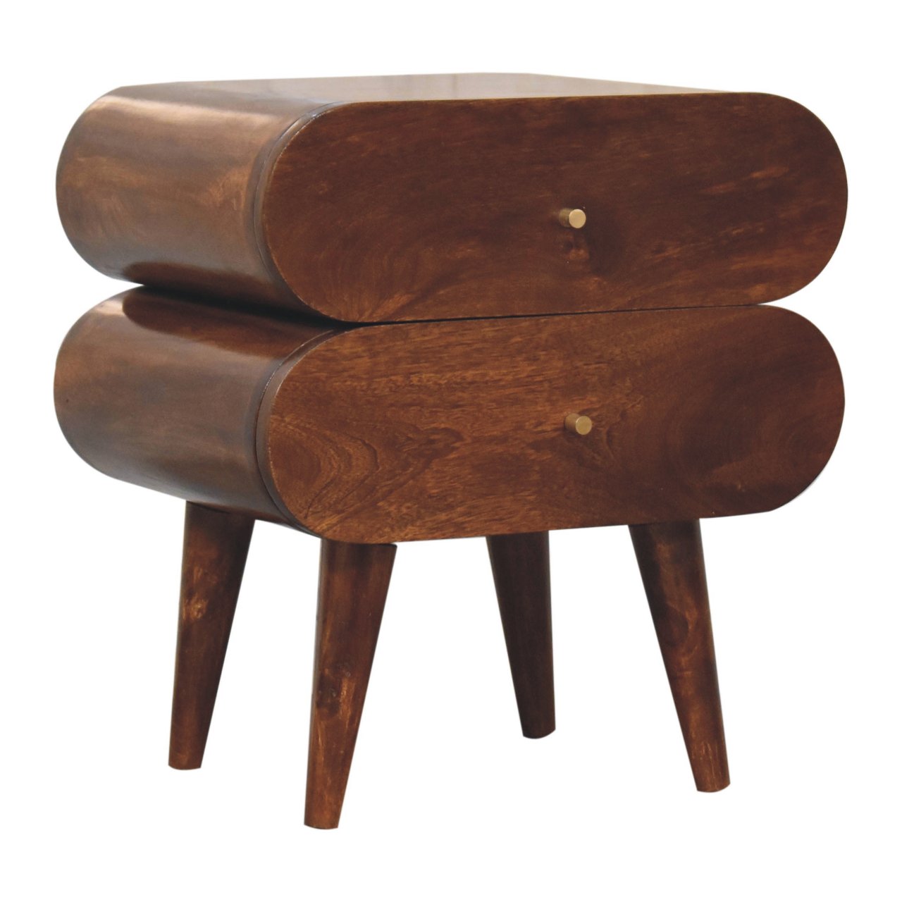 Midcentury modern walnut bedside table with two curved drawers and brass knobs