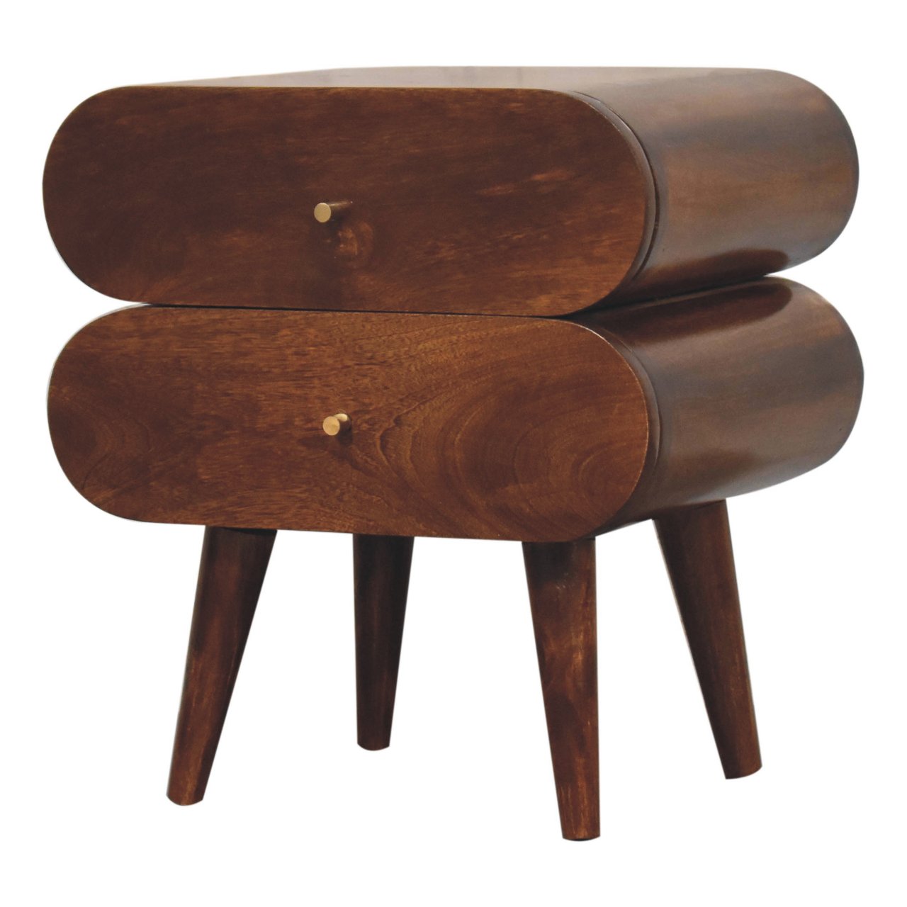 Curved dark wood bedside table with two drawers and brass knobs