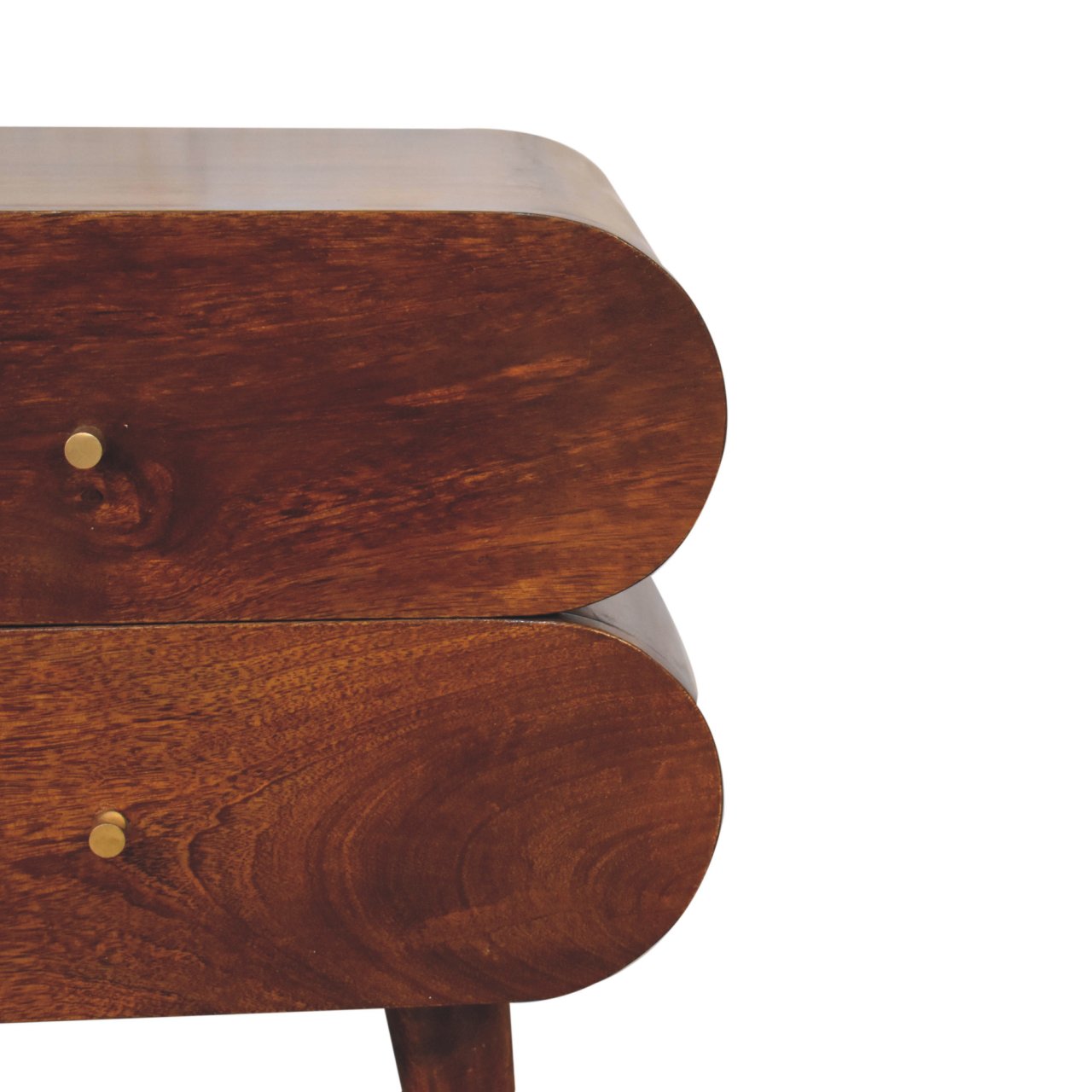 Dark wood bedside table with curved drawer fronts and brass knobs