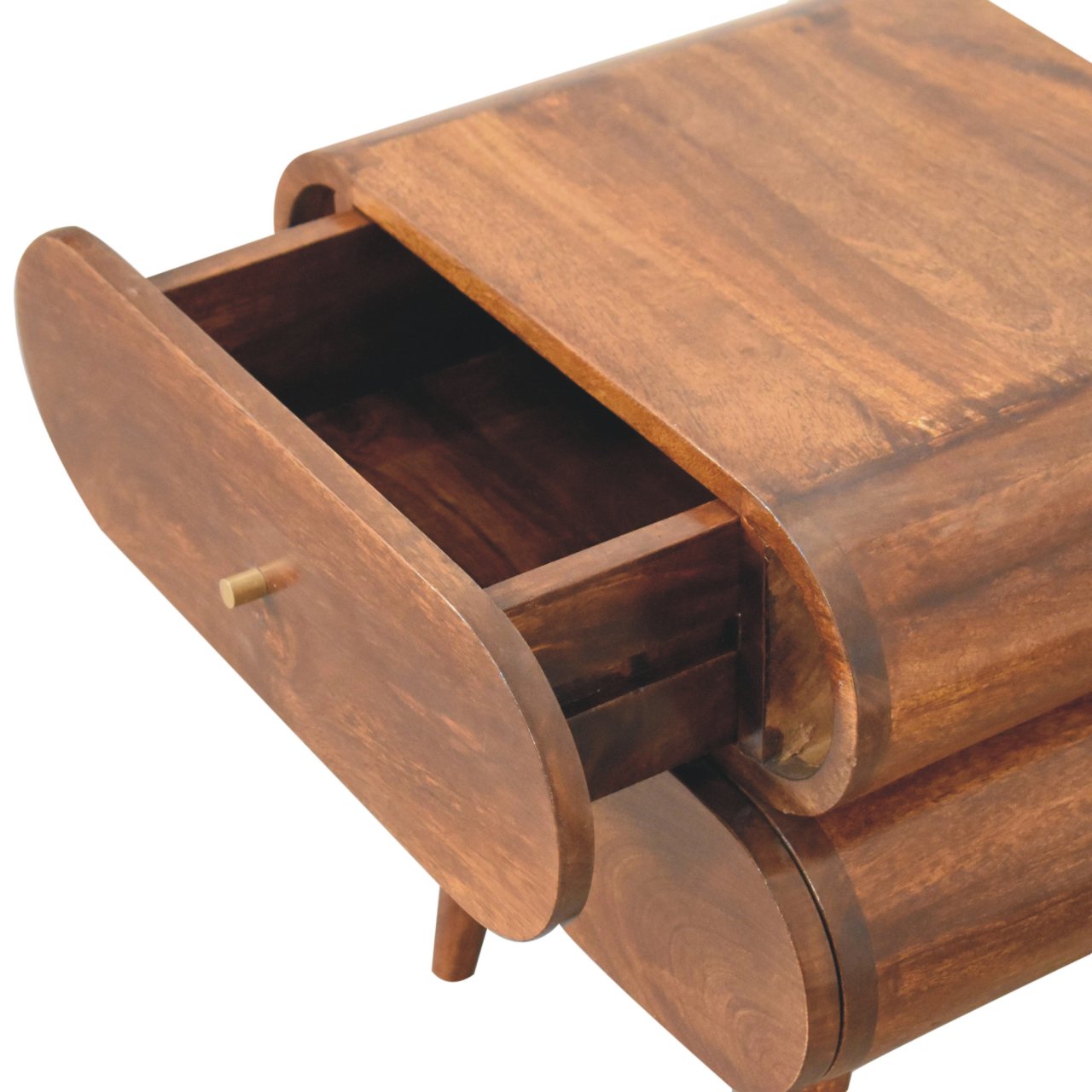 Curved solid wood side table with one open drawer and brass knob
