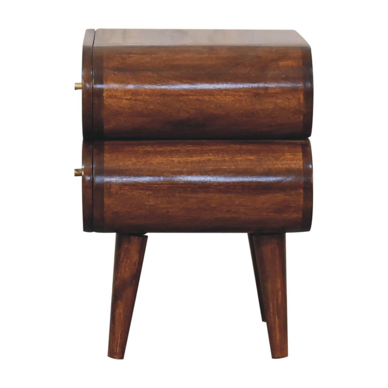 Dark wood bedside table with two rounded drawers and tapered legs