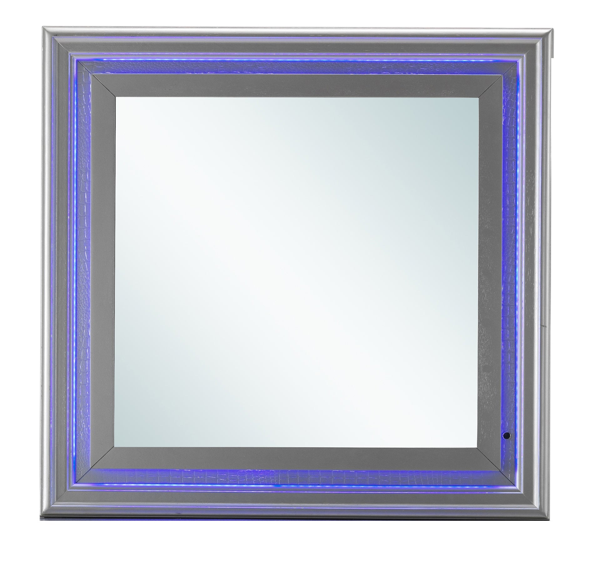Square bathroom mirror with silver frame and integrated blue LED lighting