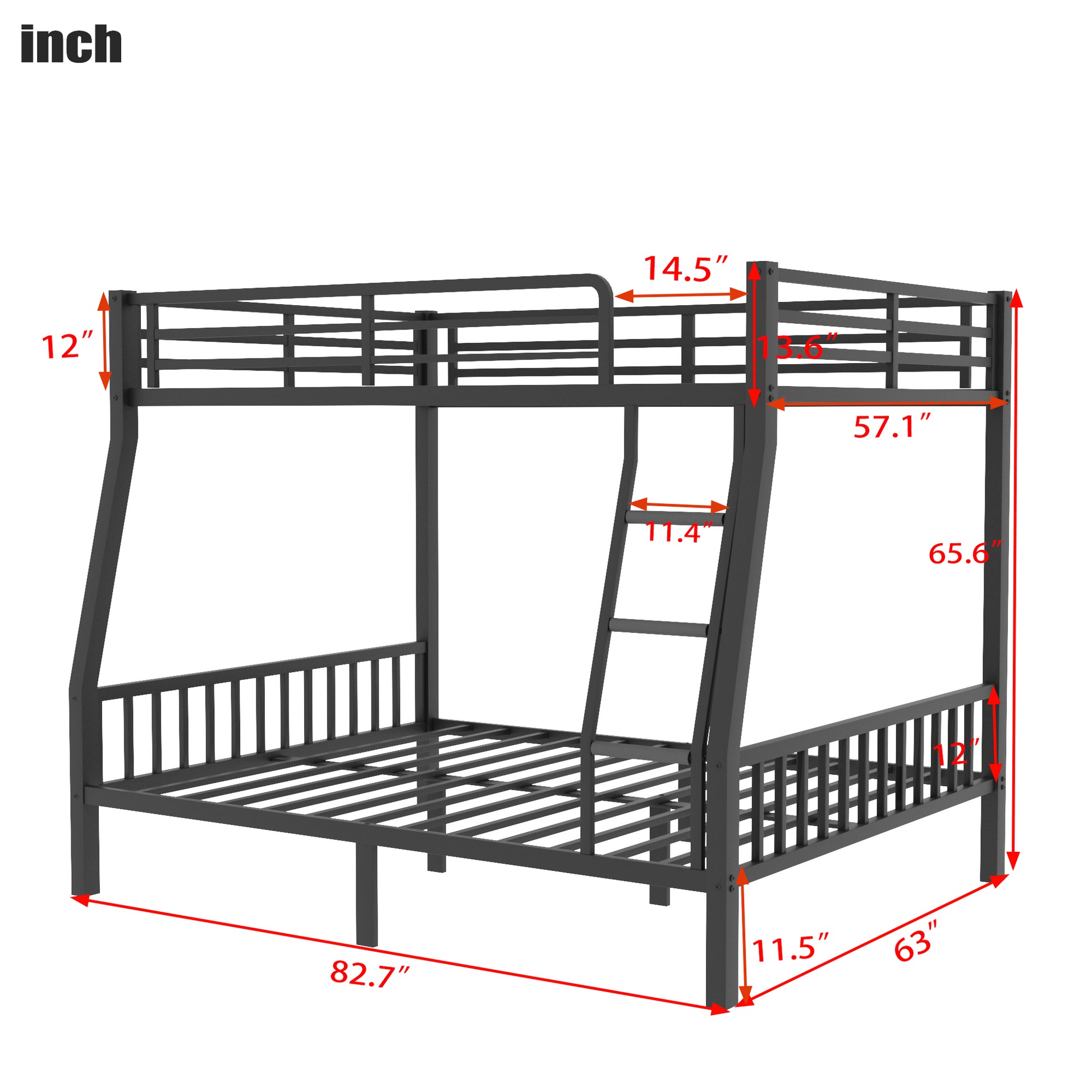 Black metal triple bunk bed with ladder and dimensions