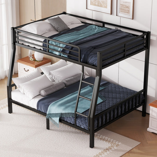Black metal twinovertwin bunk bed with mattresses and bedding