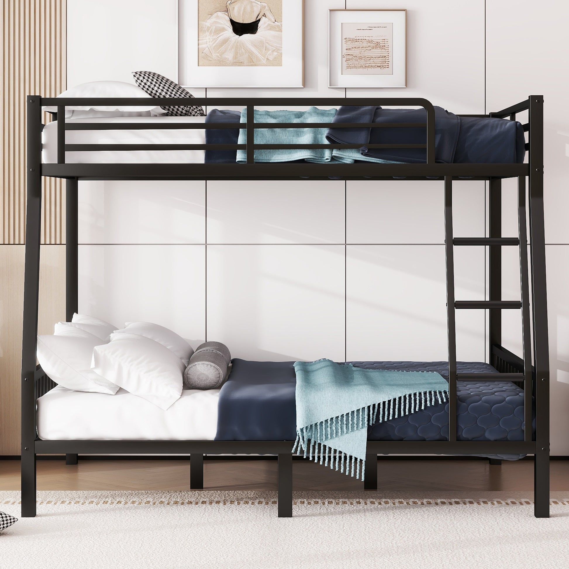 Black metal bunk bed with twin mattresses and navy bedding