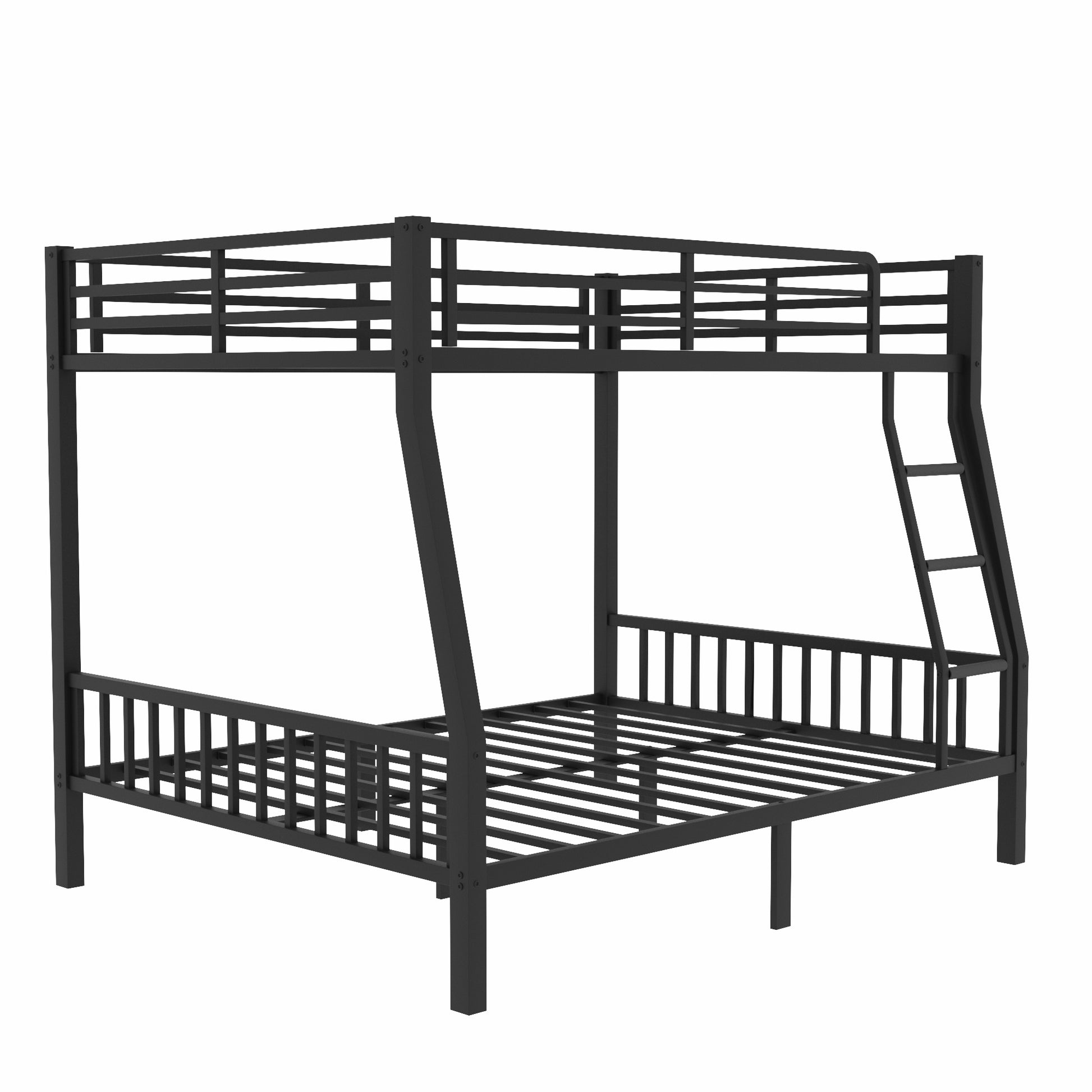 Black metal triple bunk bed with slatted frame and safety rails