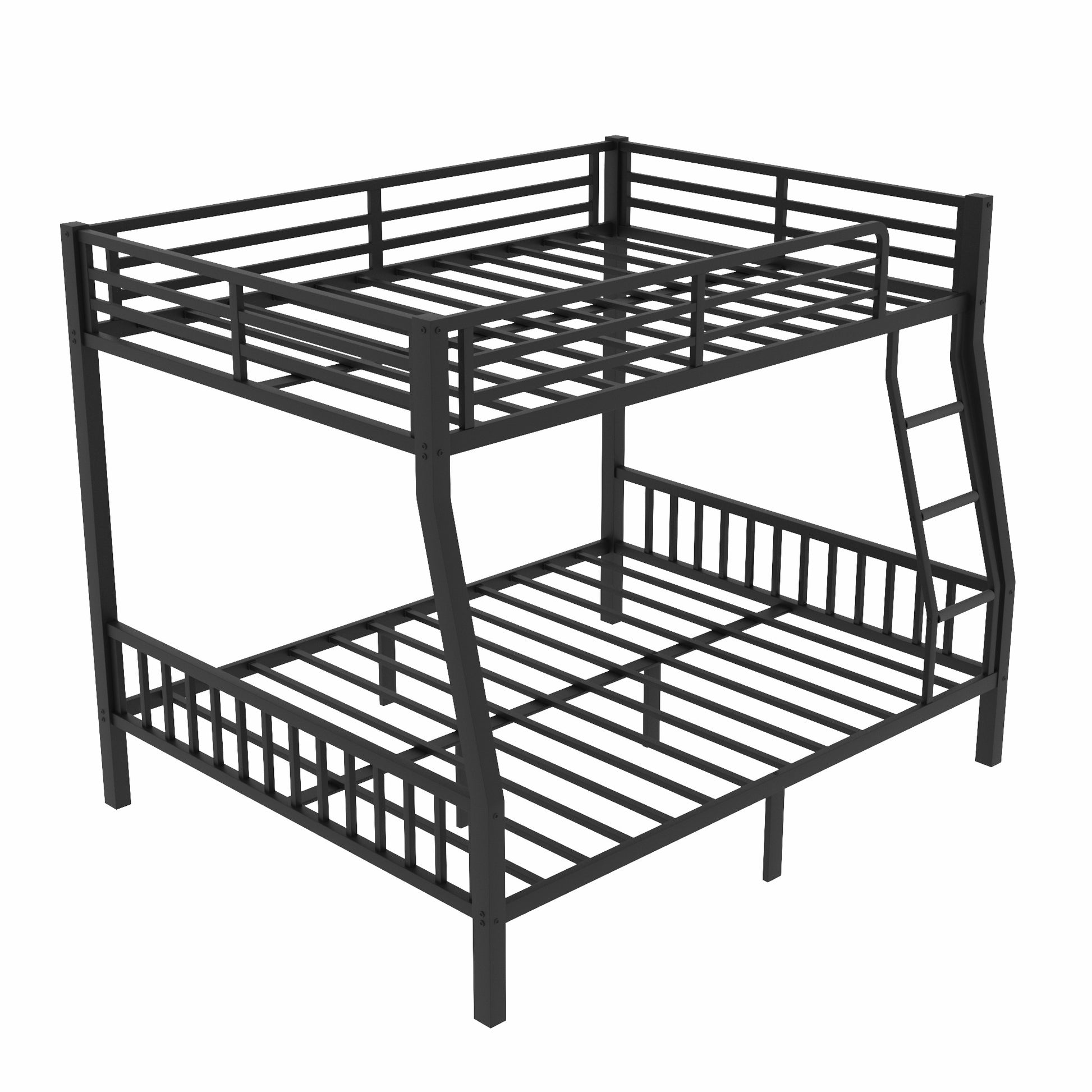Black metal twinovertwin bunk bed frame with ladder and guardrails