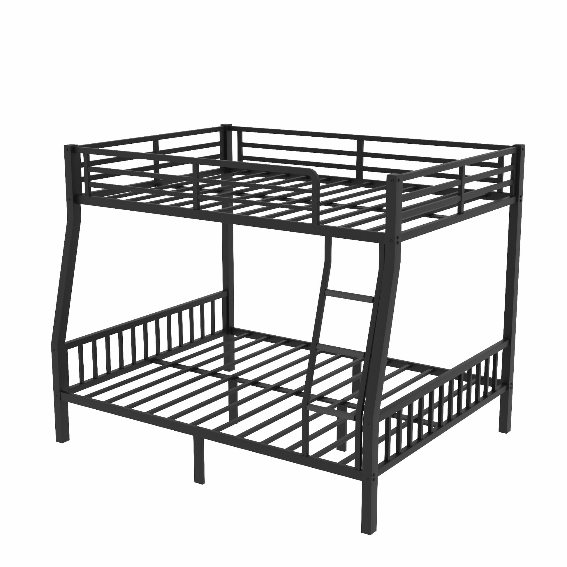 Black metal twin over full bunk bed with ladder and safety rails