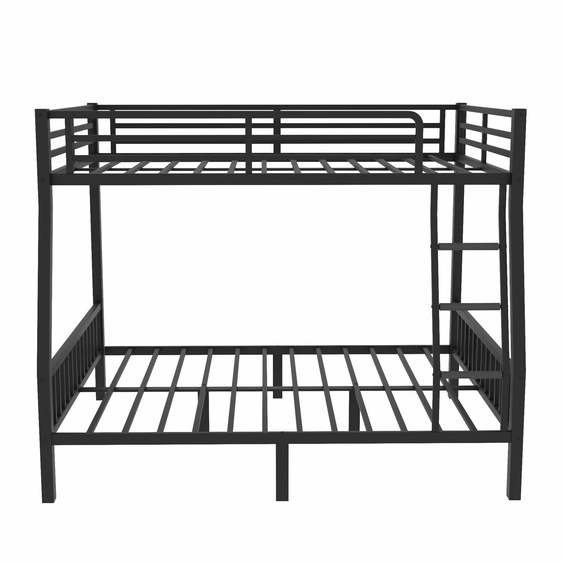 Black metal twin over twin bunk bed with ladder and guardrails