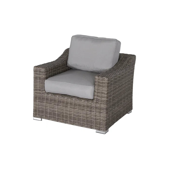 Gray wicker patio chair with plush light gray cushions perfect for outdoor relaxation