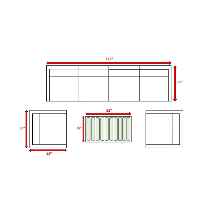 Diagram of a sectional sofa with overall dimensions  x