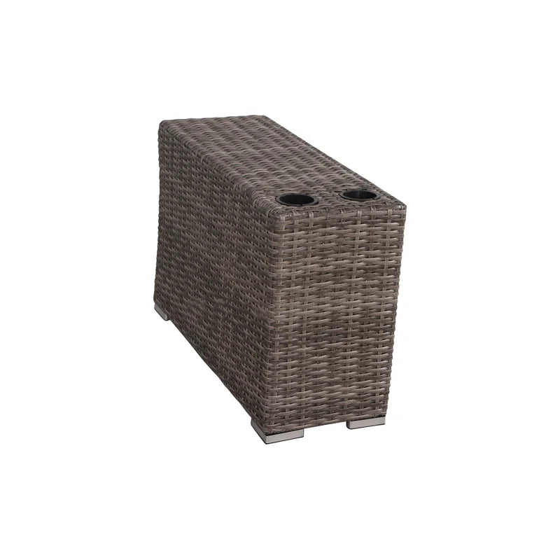 Grey wicker end table with two integrated cup holders for outdoor furniture