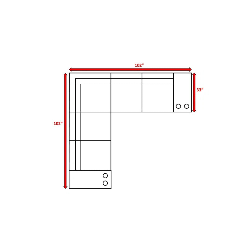 Topdown diagram of a sectional sofa showing inch by inch dimensions and inch depth