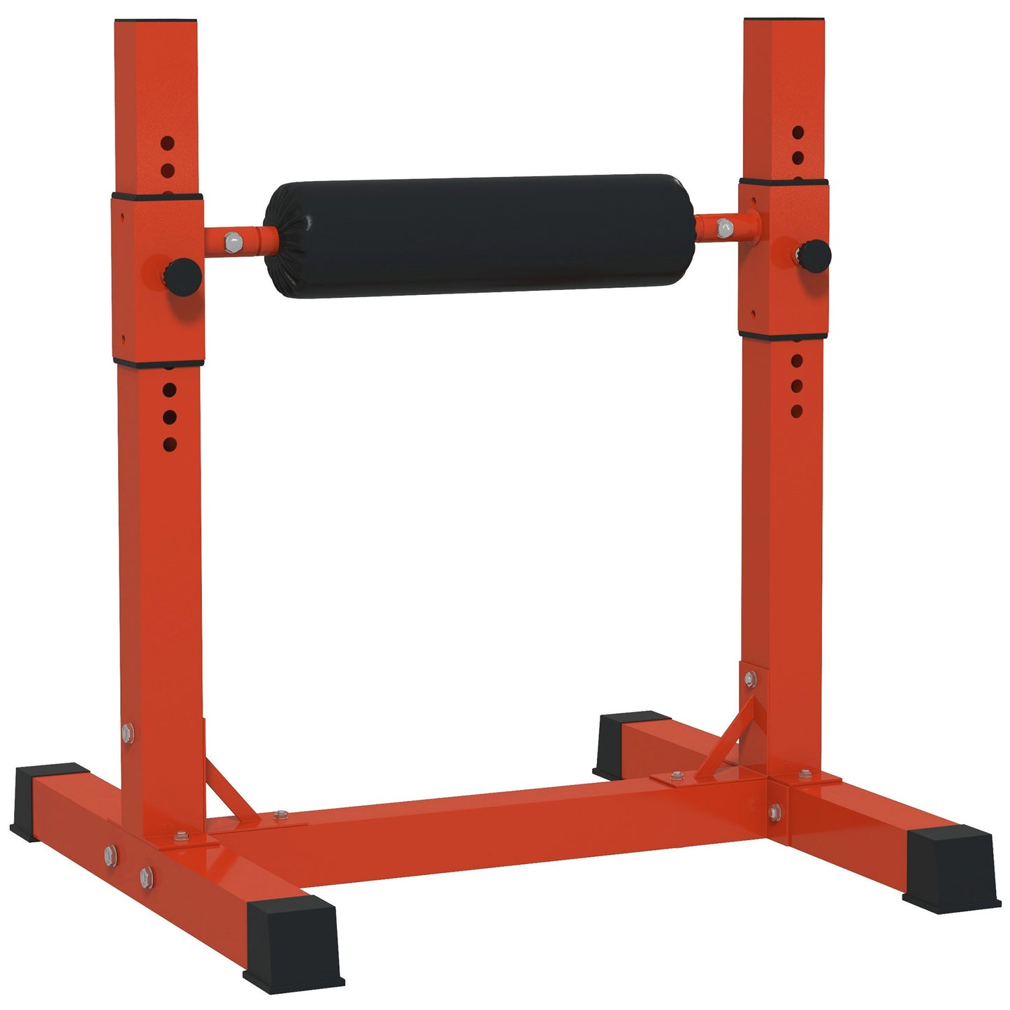 Orange adjustable squat rack with black foam padding for comfort during workouts