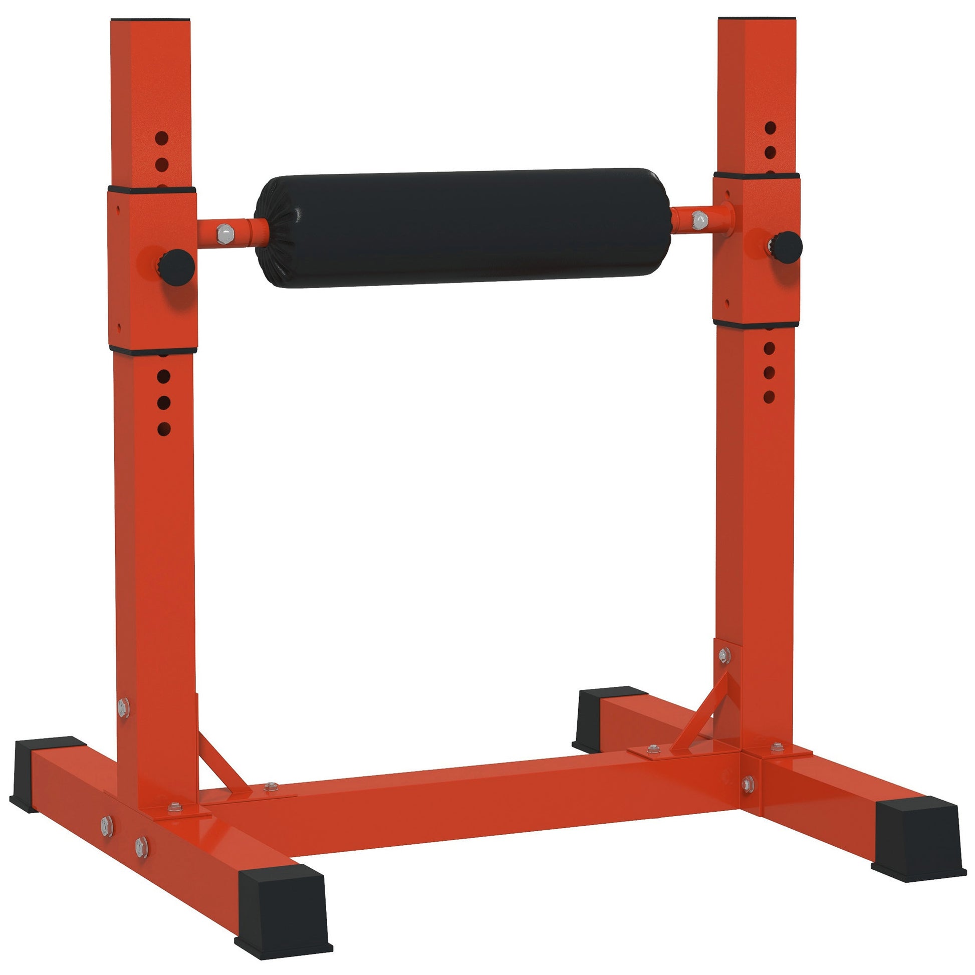 Orange adjustable squat rack with black foam padding for comfort during workouts