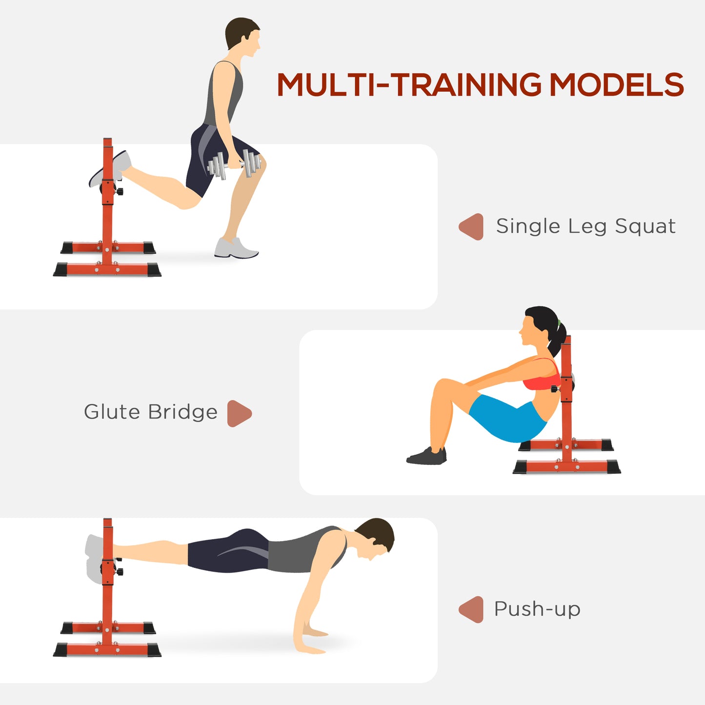 Man performing single leg squat with dumbbells using a red adjustable squat stand for home gym