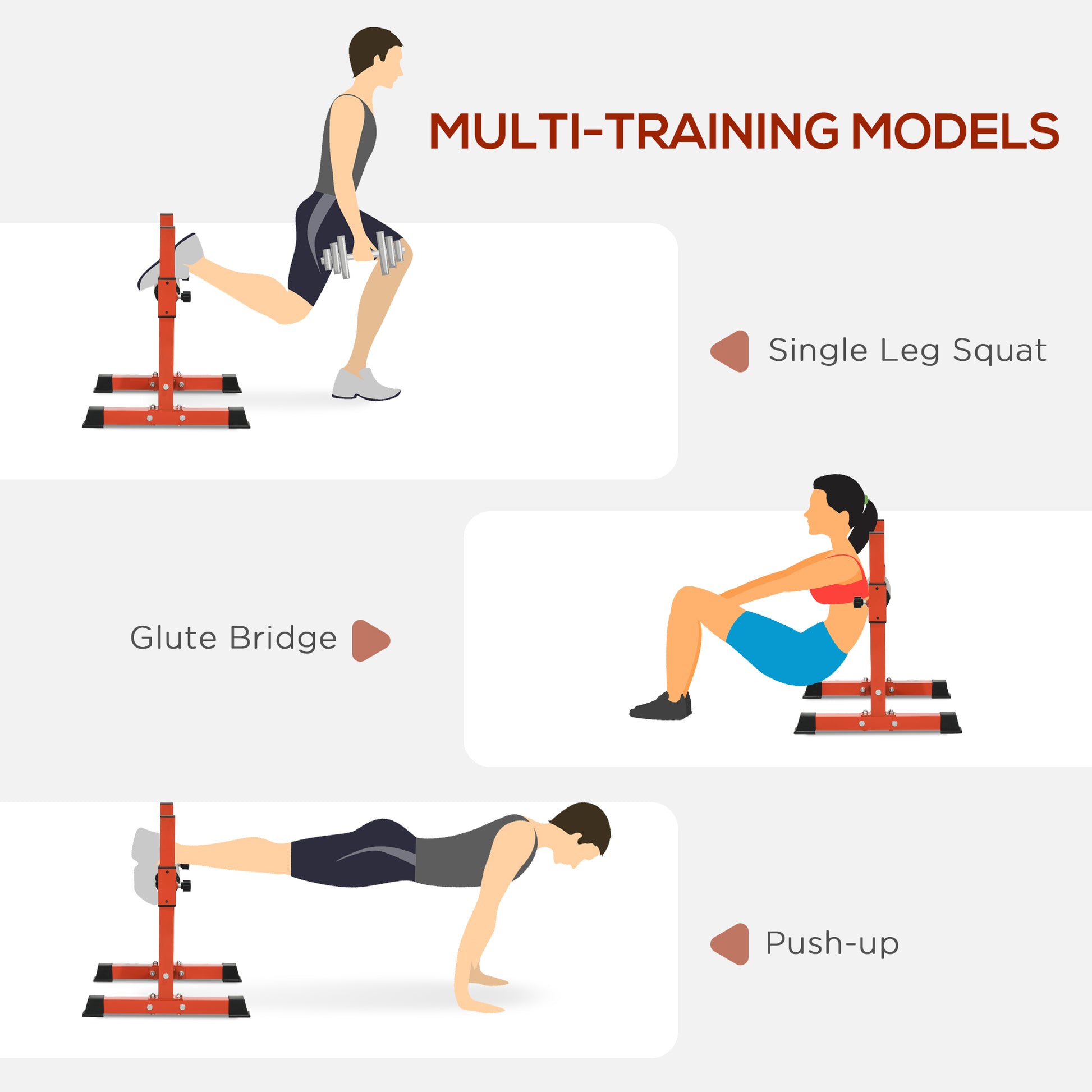 Man performing single leg squat with dumbbells using a red adjustable squat stand for home gym