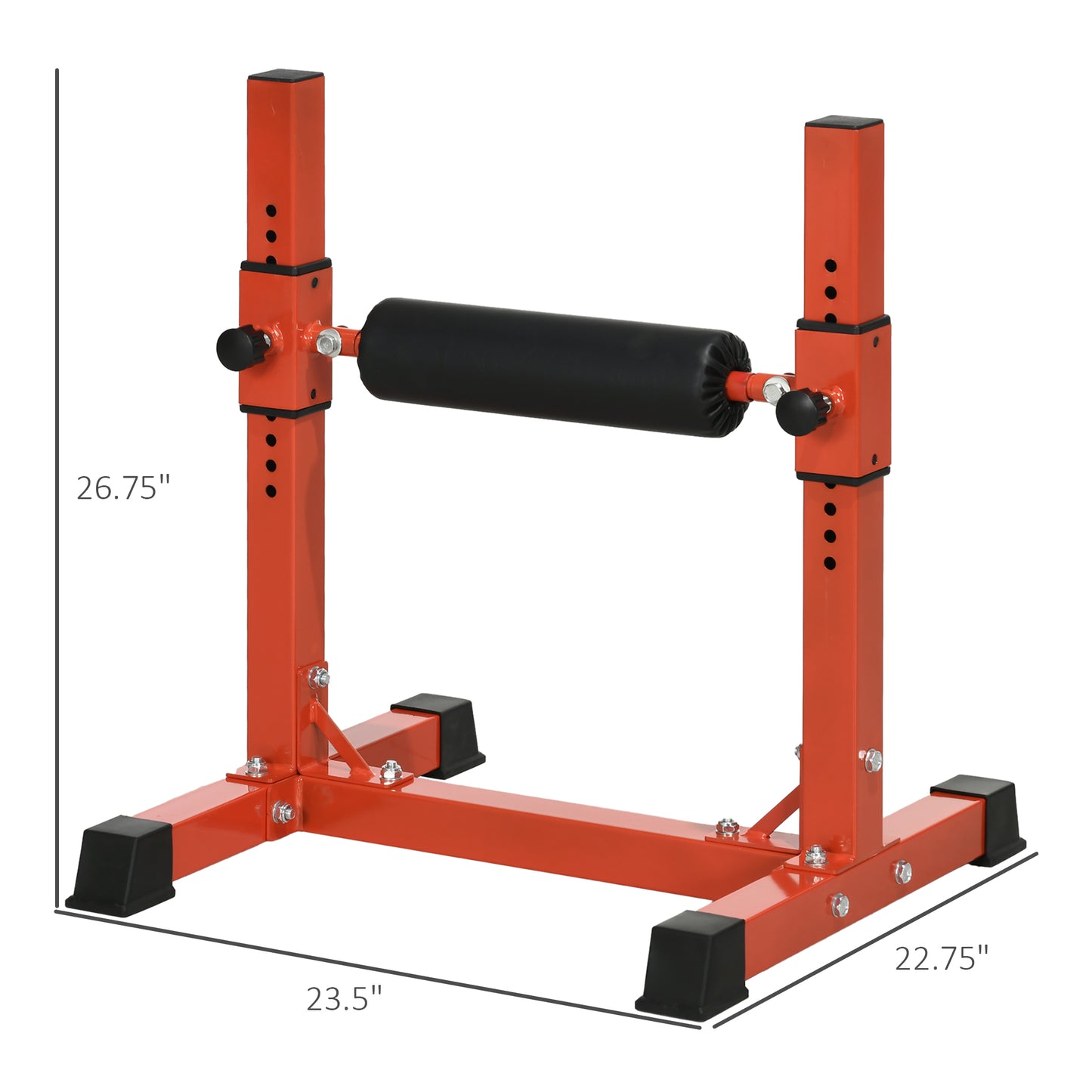 Adjustable orange squat rack with black padded bar holders for home gyms