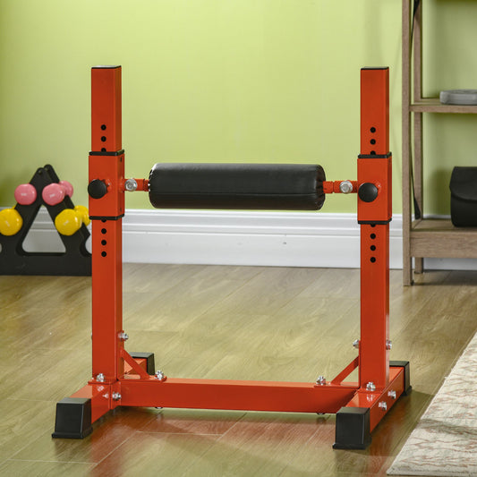 Orange adjustable squat rack with black padded bar for home gym