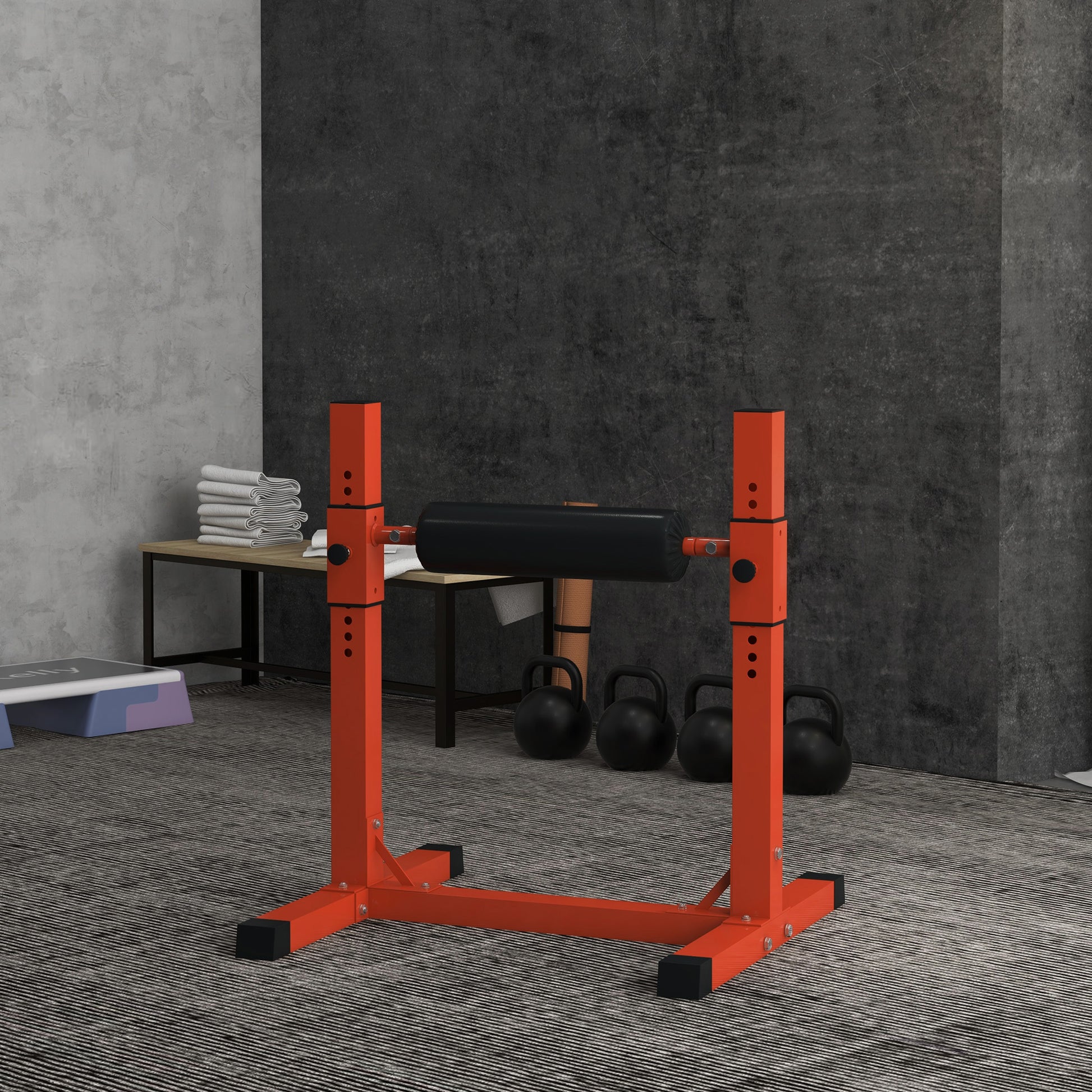 Orange adjustable squat rack with padded bar holder essential for home gym workouts