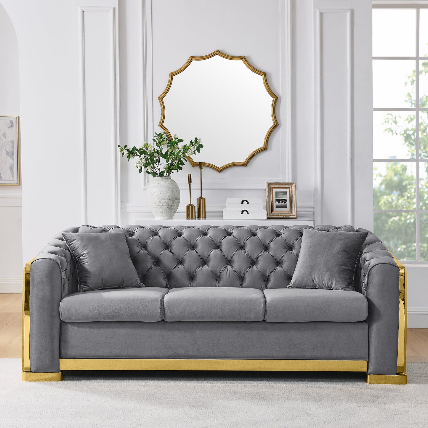 Grey velvet tufted sofa with gold trim modern living room furniture