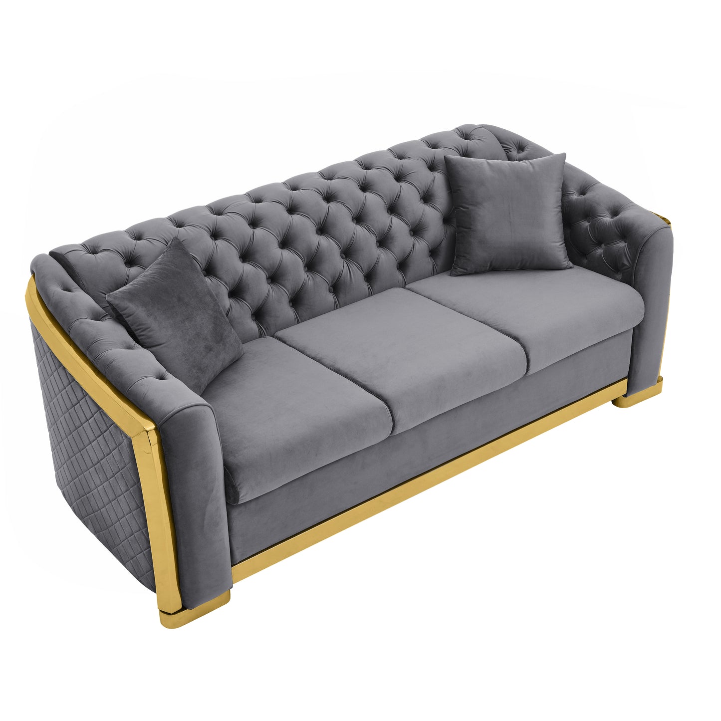 Grey velvet chesterfield sofa with gold trim and tufted backrest