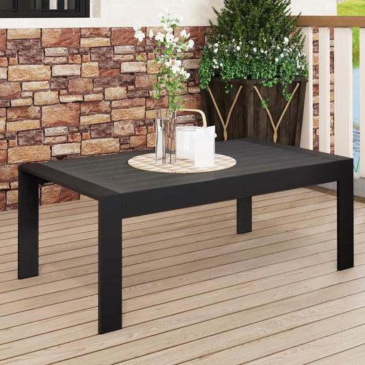 Modern black aluminum coffee table with slatted top ideal for outdoor patios