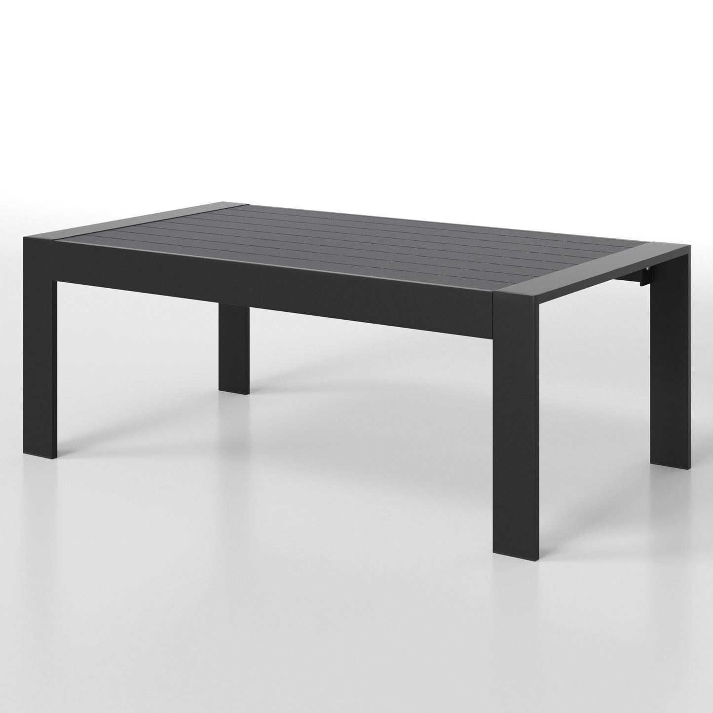 Modern dark grey metal dining table with slatted surface perfect for outdoor patio settings
