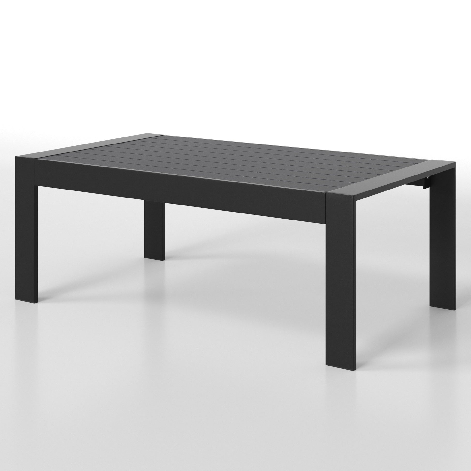 Modern dark grey metal dining table with slatted surface perfect for outdoor patio settings